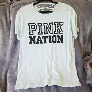 VS Pink Nation tee shirt sz L blue green lace up